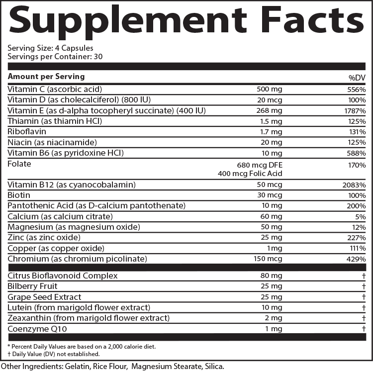 Macular Shield Plus Complete Multivitamin 120 Capsules Supplement Facts