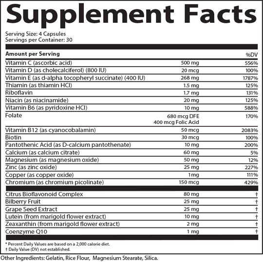 Macular Shield Plus Complete Multivitamin 120 Capsules Supplement Facts