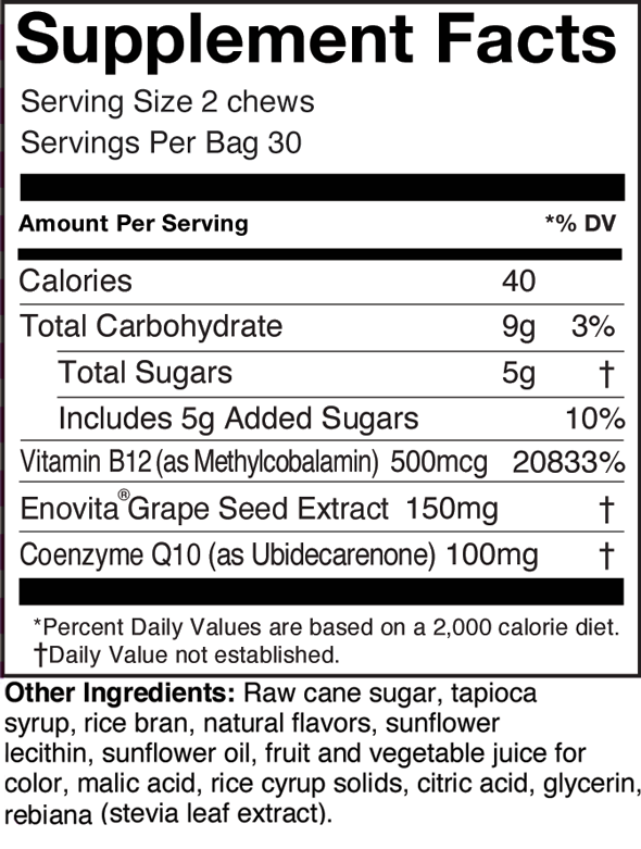 SuperGrapes Heart Chews  60 Chews Supplement Facts
