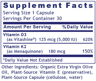 Premier Vitamin D3+K2 30 Capsules Supplement Facts