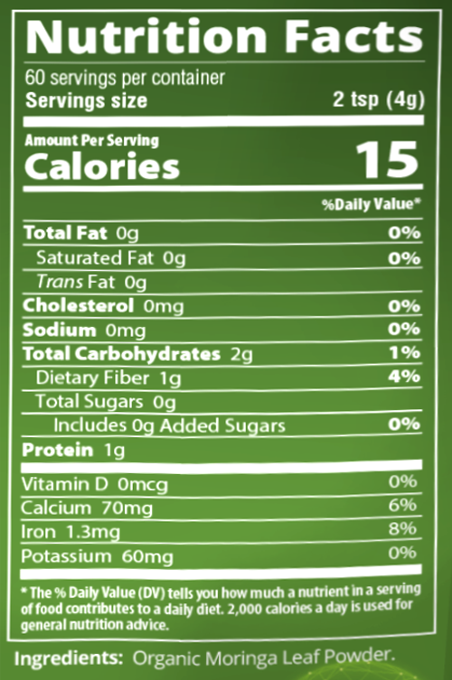 Organic Moringa Leaf Powder 60 Servings Supplement Facts