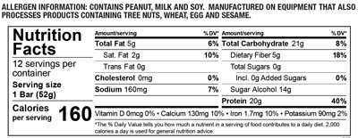 Smarte Carb Peanut Butter Crunch 12 Bars Supplement Facts