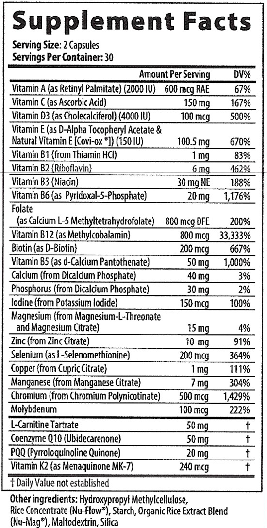 Mitochondria Nutrition PQQ 60 Capsules Supplement Facts