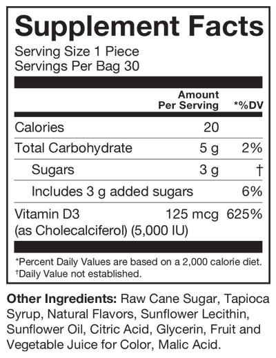 Vitamin D3 Chew Mixed Berry 30 Chews Supplement Facts