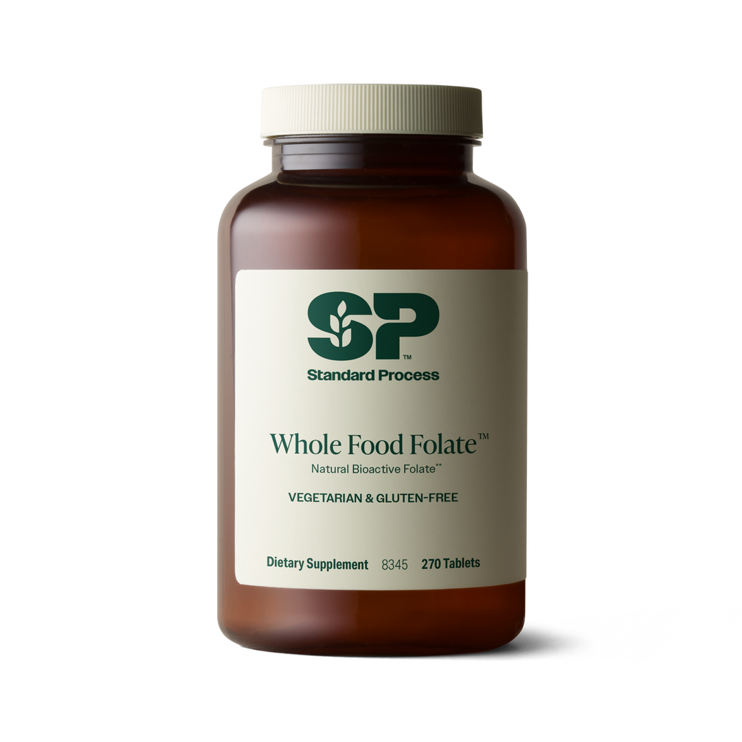 An image of a bottle of Whole Food Folate, next to 6 tablets. 