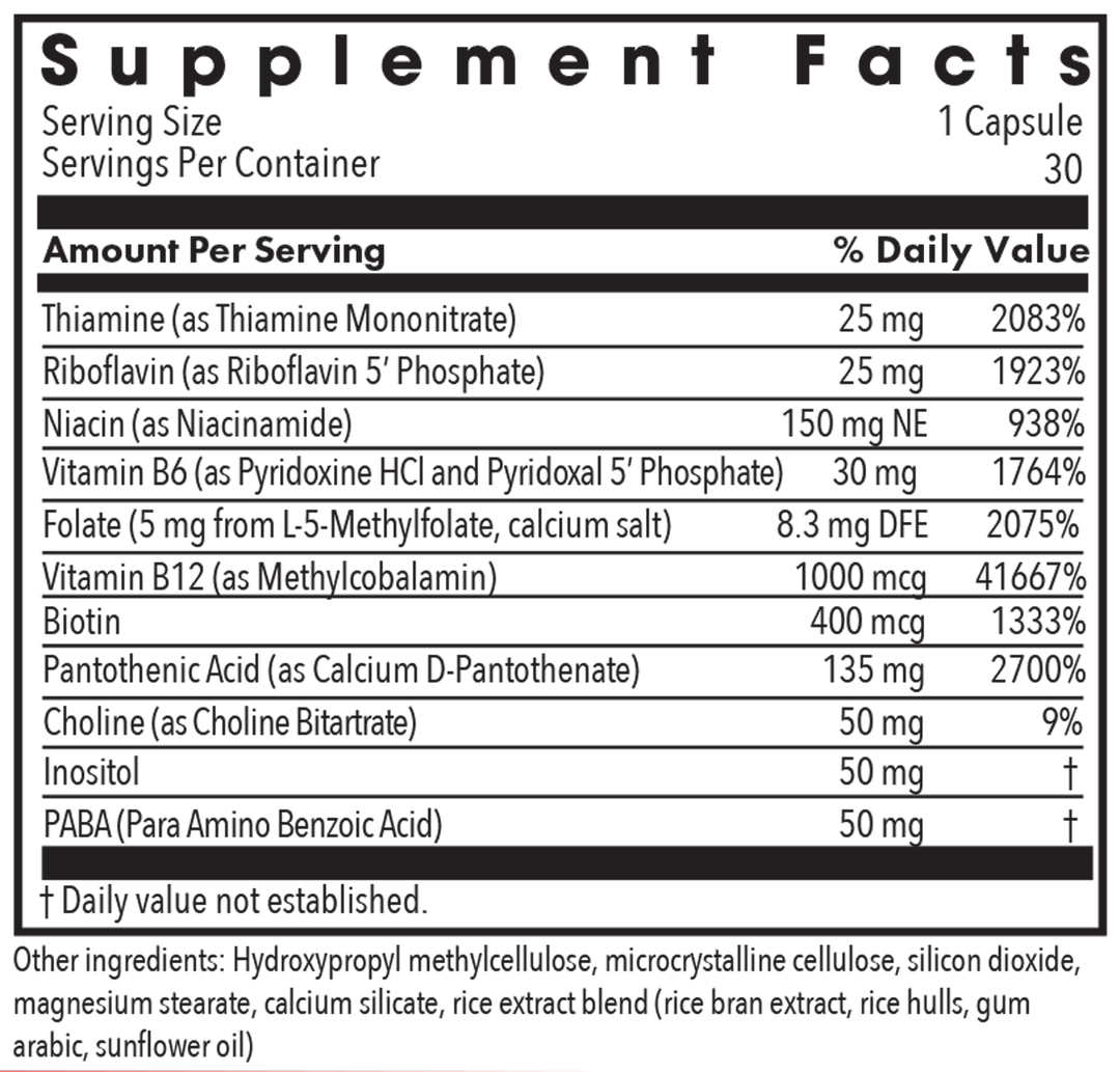 B-Complex + 5 mg L-Methylfolate 30 Capsules Supplement Facts