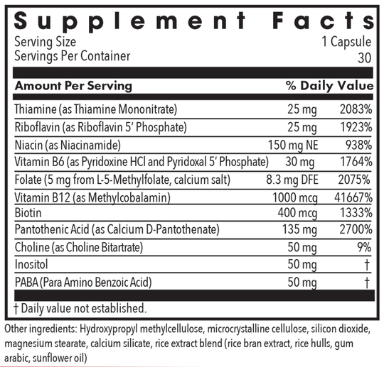 B-Complex + 5 mg L-Methylfolate 30 Capsules Supplement Facts