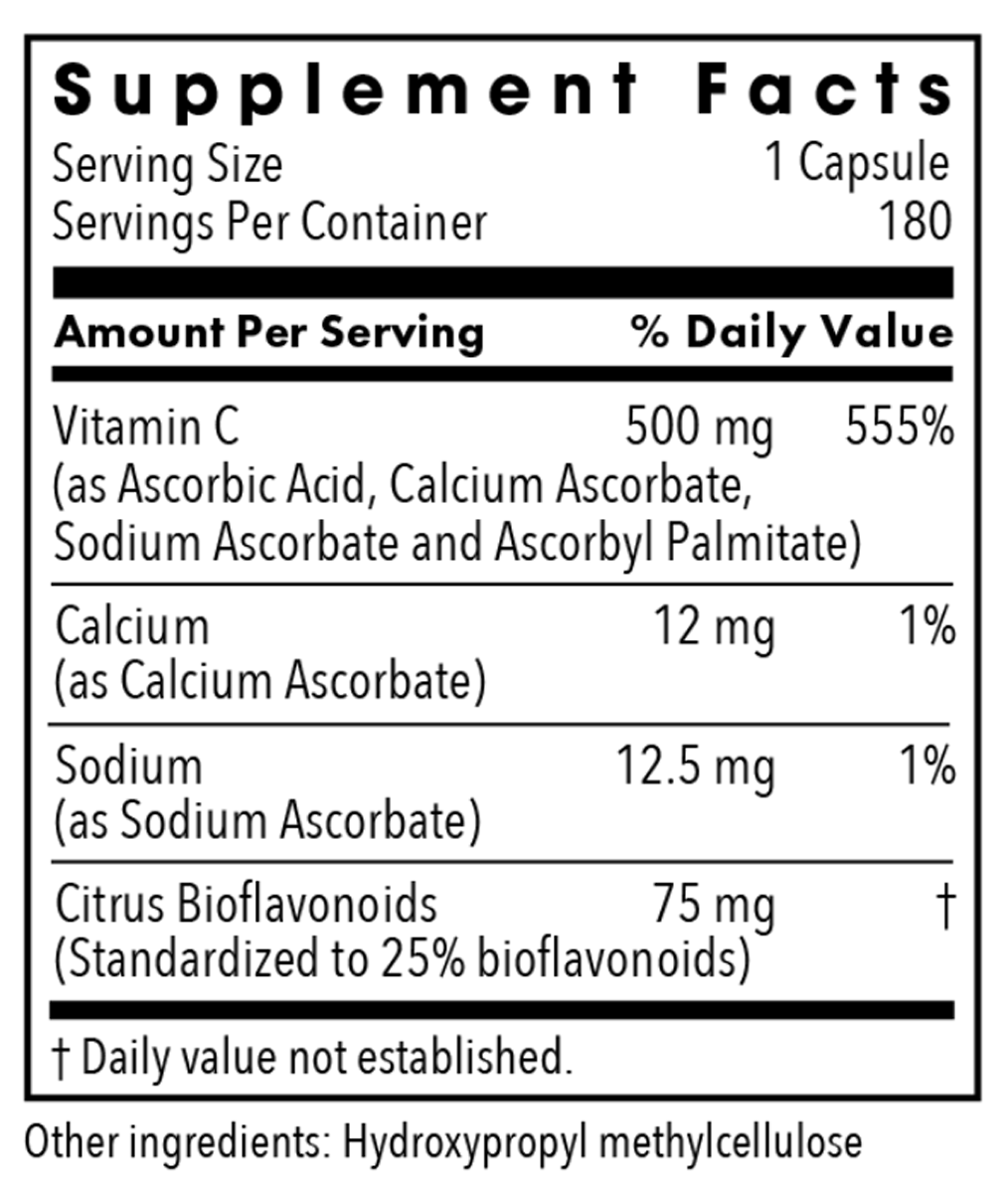 Buffered Vitamin C 180 Capsules Supplement Facts