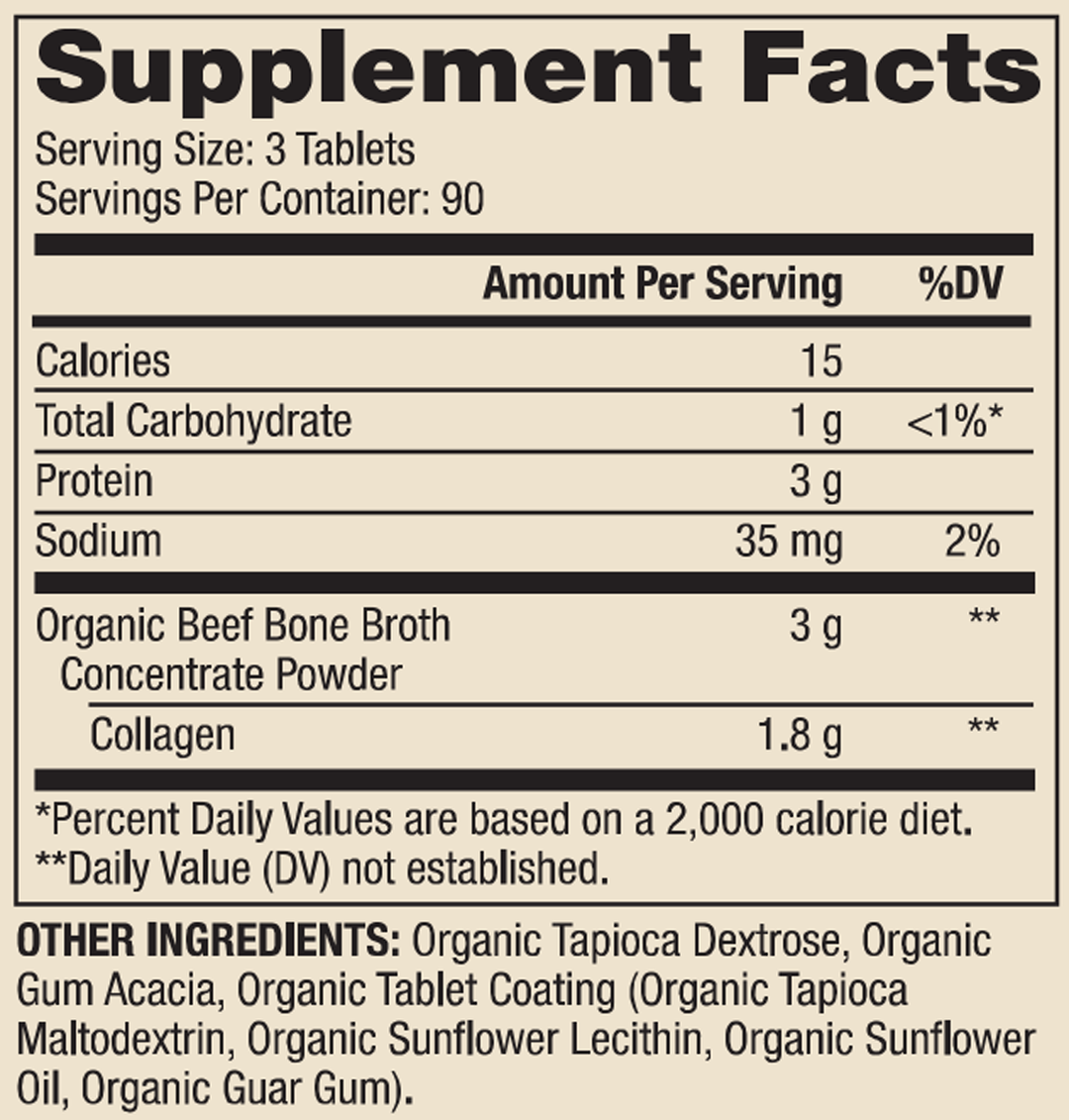 Organic Collagen from Grass Fed Beef Bone Broth 270 Tablets Supplement Facts