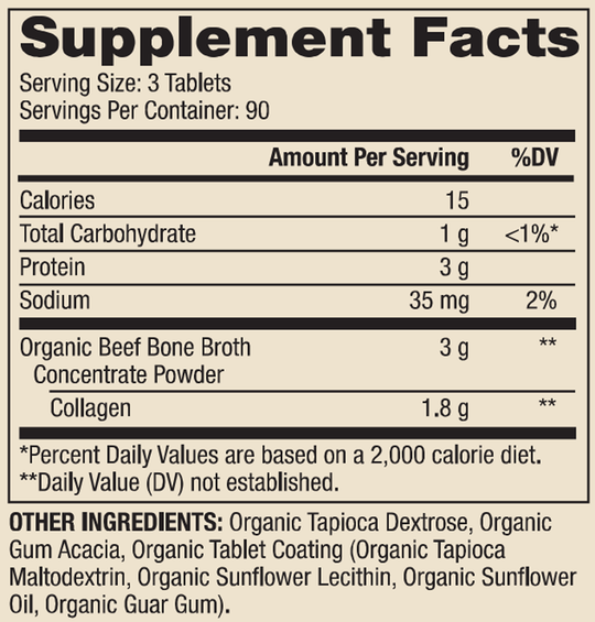 Organic Collagen from Grass Fed Beef Bone Broth 270 Tablets Supplement Facts