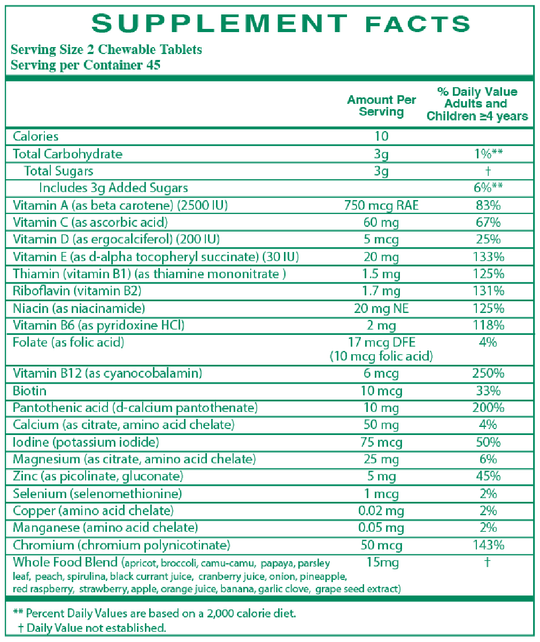 Children's Multi-Vitamins 90 Chewable Tablets Supplement Facts