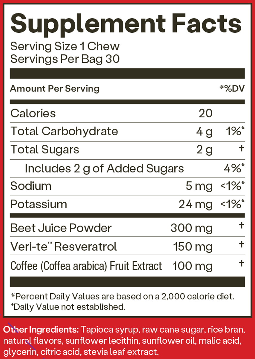 SuperBeets Memory + Focus 30 Chews Supplement Facts