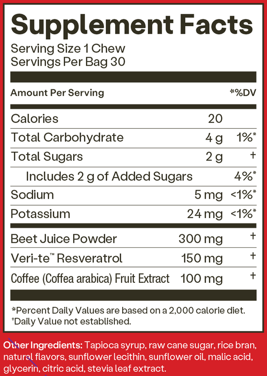 SuperBeets Memory + Focus 30 Chews Supplement Facts