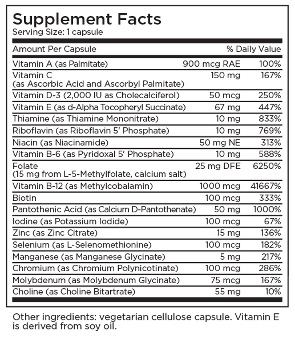 Multivitamin + 15 mg L-Methylfolate 30 Capsules Supplement Facts