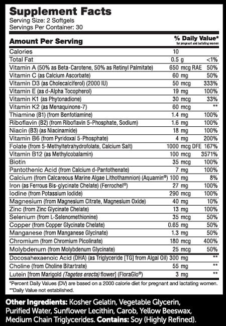 Prenatal+DHA 60 Softgels Supplement Facts