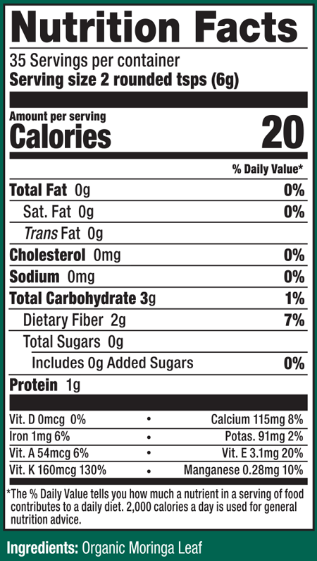 Organic Pure Moringa Powder 7.4oz Supplement Facts