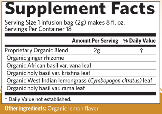 Tulsi Lemon Ginger 18 Bags Supplement Facts