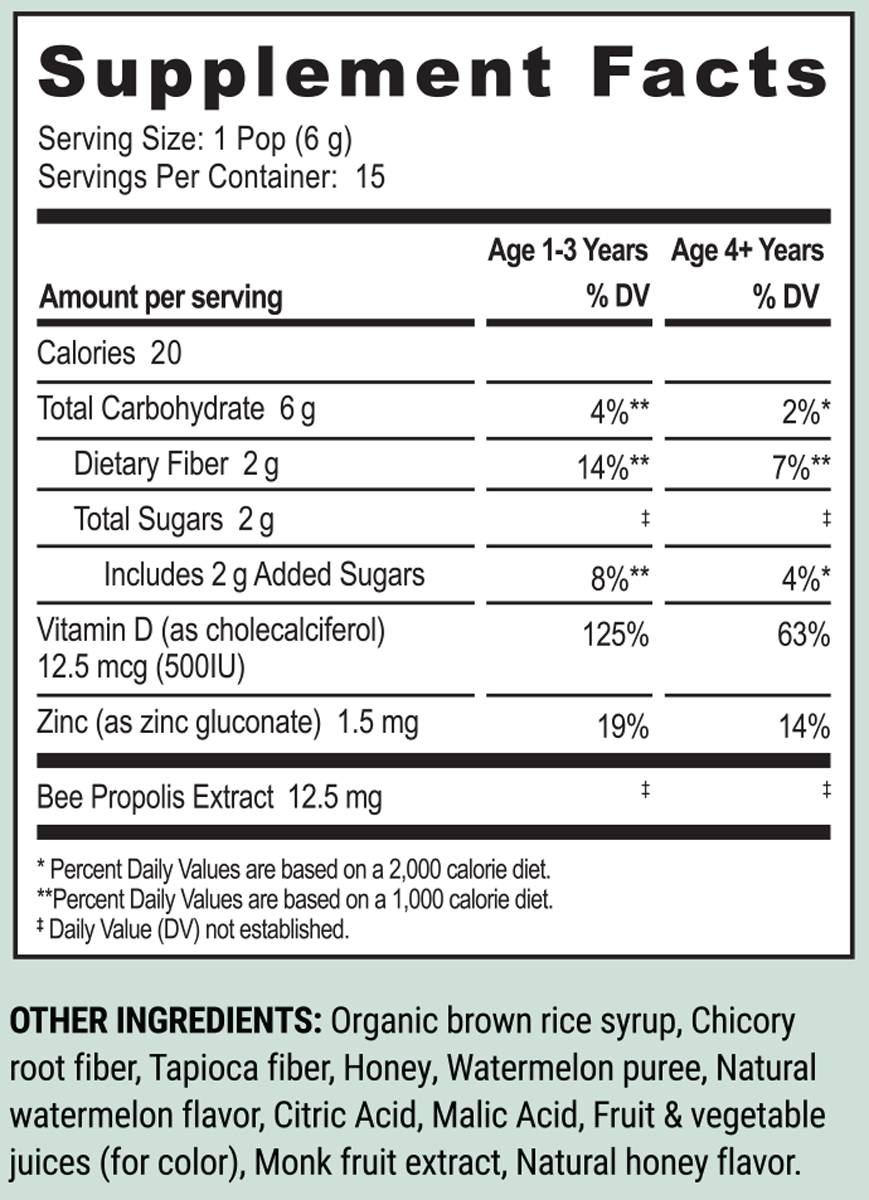 Kid’s Throat Soothing Lollipops Watermelon 15 Pops Supplement Facts