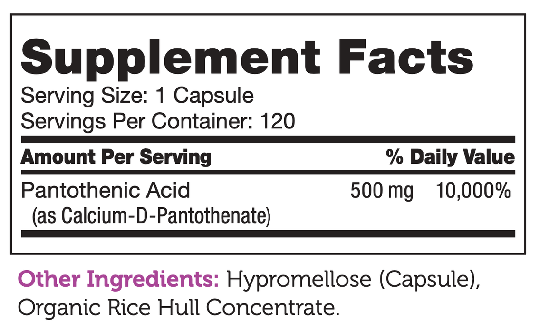 Pantothenic Acid 120 Capsules Supplement Facts